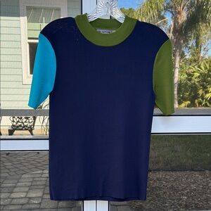 G/Fore Golf Colorblock Green Blue High Neck Short Sleeve Knit Sweater Top Small